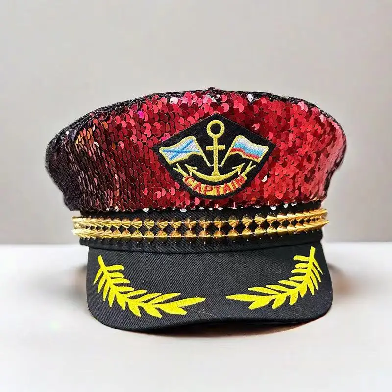 Sequin Navy Cap Luxury Masquerade Festival Captain Hat Women Men Handmade Music Festival Unisex Adult Military Cap Cosplay