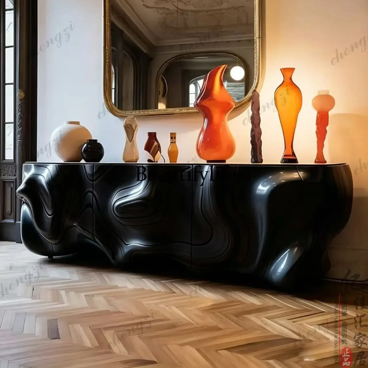 NQ52 Light luxury high-end TV cabinet black matte wave engraving creative high cabinet convex decorative cabinet