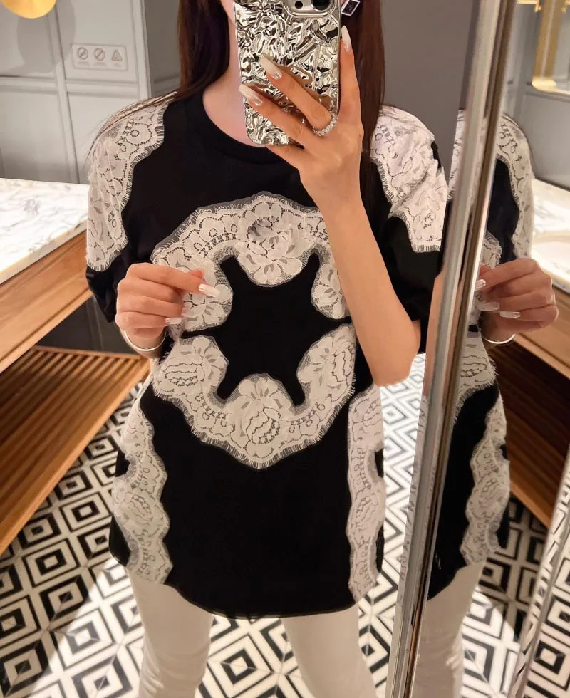 Top Female Clothing Women T-shirt One Piece Woman Clothes Fashion Woman Blouses Lace patchwork short sleeved T-shirt