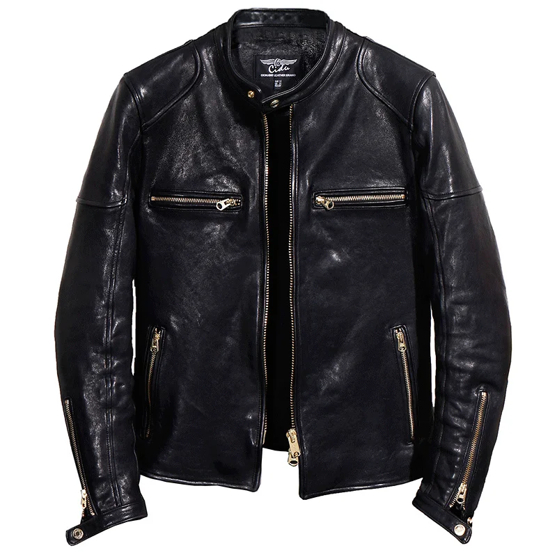 

Quality Free quality shipping.Biker Italy oil tanned leather jacket.black thick luxury sheepskin coat.vintage slim clothes