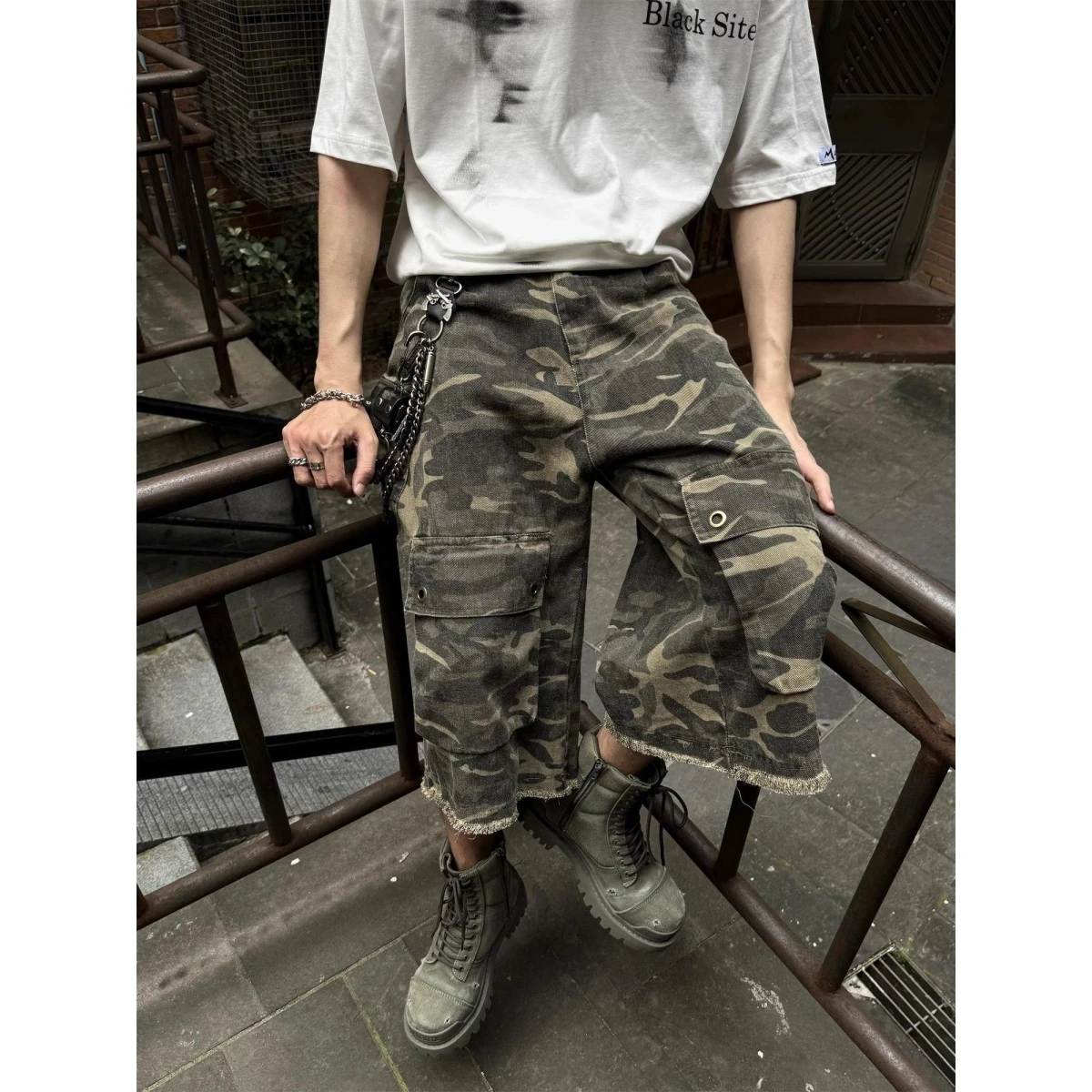 

American Retro Camouflage Work orts Men's Loose Leg Casual Seven-Foot Jeans Trendy Cotton Elastic Denim Pants Youth ular