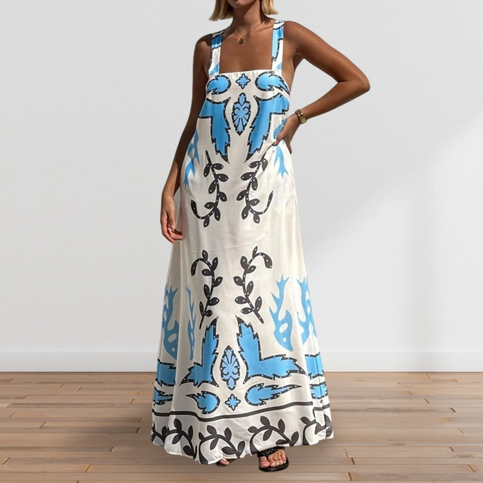 Combhasaki feminino verão estético floral impressão sem mangas pescoço quadrado arco amarrado sem costas solto a linha praia boho tanque vestido longo