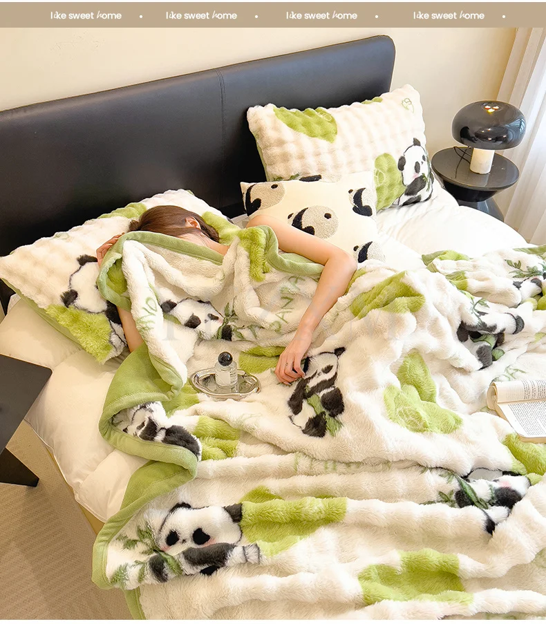 Cute Giant Panda Fluffy Fleece Blanket Fall Winter Thick Warm Faux Rabbit Fur Bed Blanket Plush Sofa Throw Cover Soft Bedspread