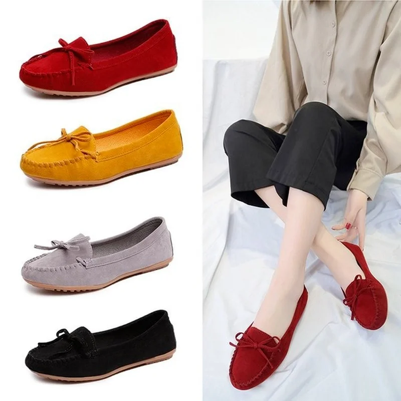 Ladies Walk Shoes Women Loafers Suede Causal Moccasin Mmtal Lock Beanie Shoes Comfortable Soft Sole Flat Shoes Plus Size 35-43