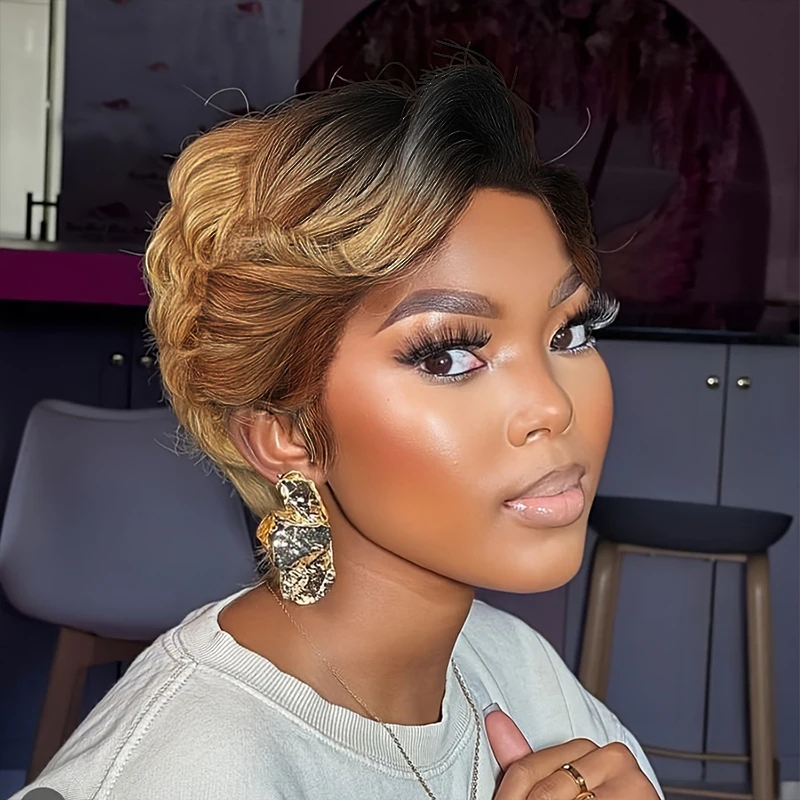 Short Pixie Cut Bob Wig Transparent 13X4 Lace Frontal Wavy Human Hair Wigs For Women Highlight Wig PrePlucked Hairline