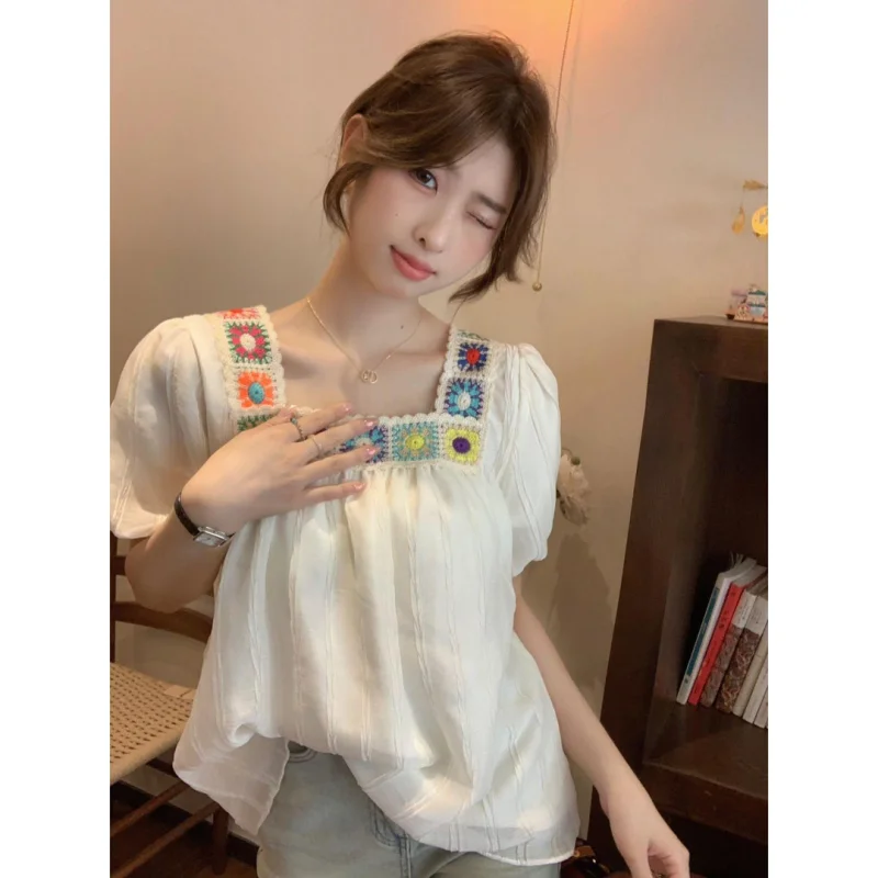 Women Summer Simplicity Loose Sweet Embroidered Solid Color Square Collar Short Sleeve Chiffon Shirt Ladies Casual Elegant Tops