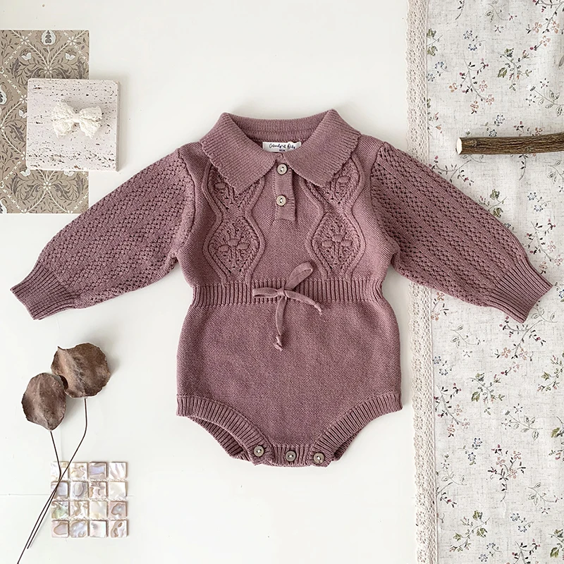 Spring Autumn Infant Kids Baby Girls Long Sleeve Solid Color Hollow Out Knit Jumpsuit Newborn Baby Girls Clothes Rompers