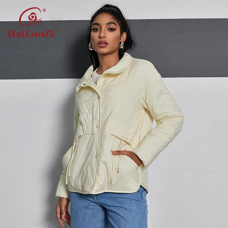 HaiLuoZi 2024 New Spring Women's Coat Short Thin Cotton Slim Parkas Slant Pockets Hooded Zipper Style Women Jacket 1276