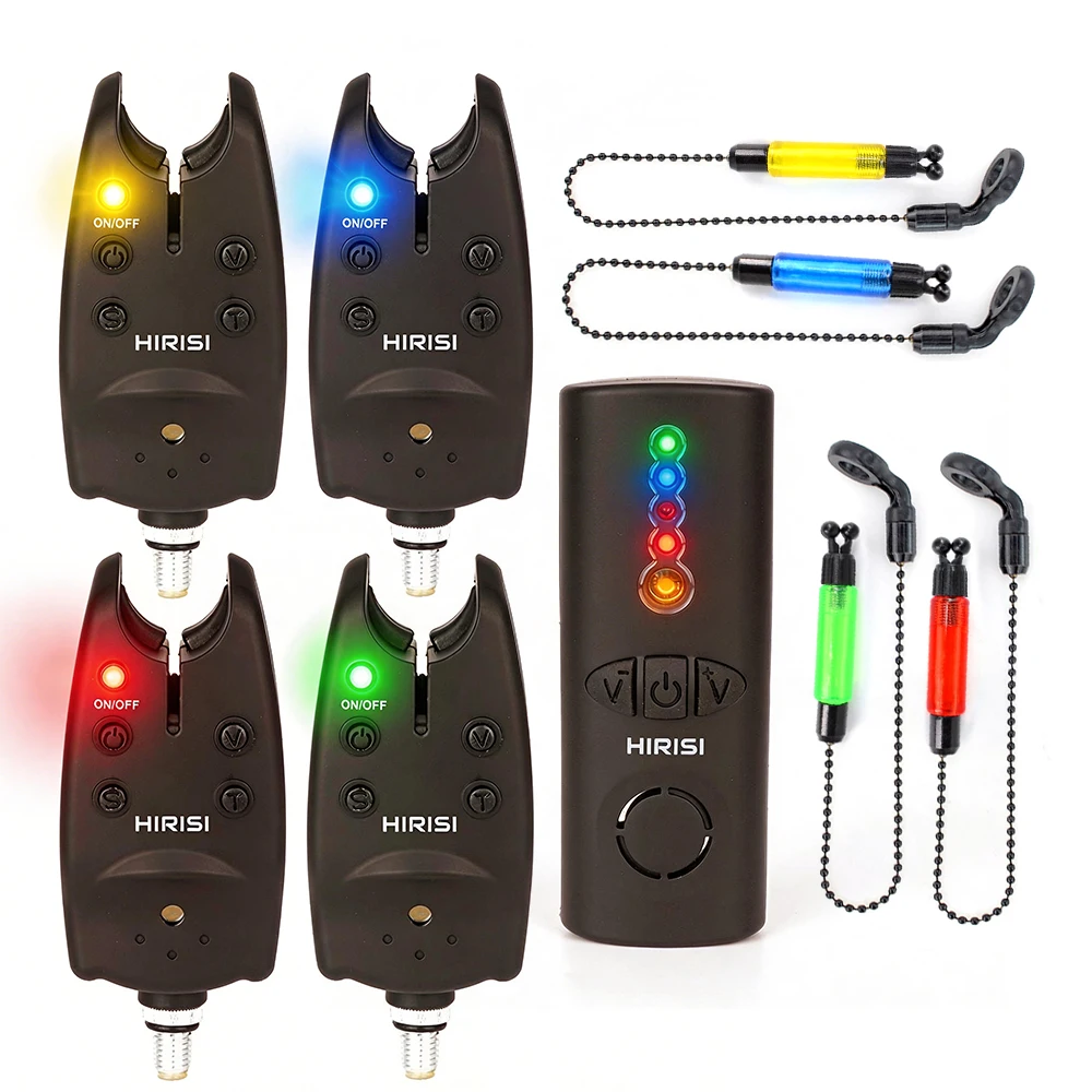 Hirisi 1+4 Kabelloses Karpfenangel-Bissalarm-Set, Wasserdichter LED-Indikator mit Swinger, Nachtangel-Rutenzubehör SR