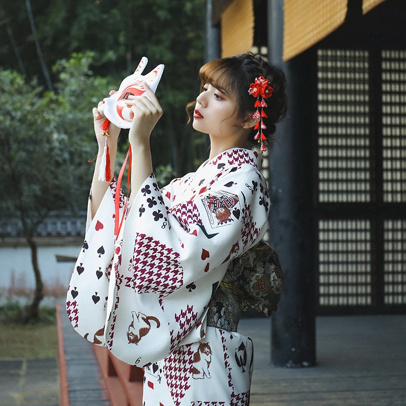 Nhật Bản Phong Cách Của Phụ Nữ Truyền Thống Kimono Creative Poker In Dài Váy Trang Phục Chính Thức Yukata Trang Phục Cosplay Nhiếp Ảnh Mặc