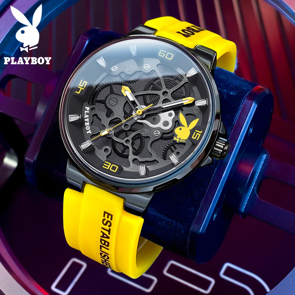 PLAYBOY Luxury Original Men Watch Silicone Strap Fashion Casual Quartz Watches for Men High Quality Waterproof Wrist Watch Men