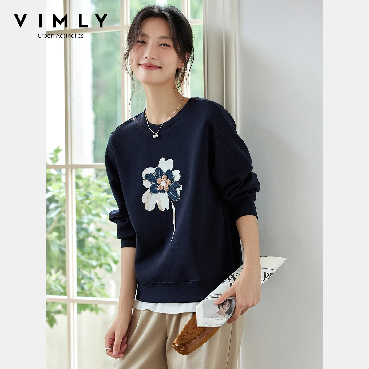 

VIMLY Woman Navy Blue Sweatshirts 3d Floral Printing Casual Long Sleeve Sweater Autumn 2025 Knitted Crew Neck Pulls Femmes A2531