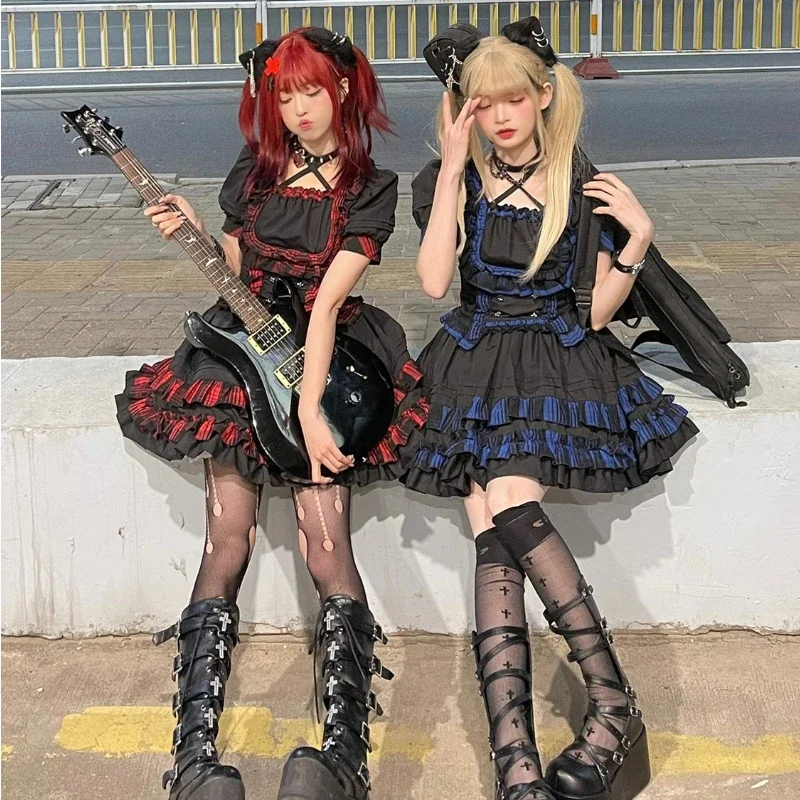 Conjunto de vestido de Lolita gótico a cuadros para mujer, Tops cortos de encaje victoriano, minifalda de pastel con volantes, traje de Cosplay Kawaii Y2k para niñas calientes, Harajuku