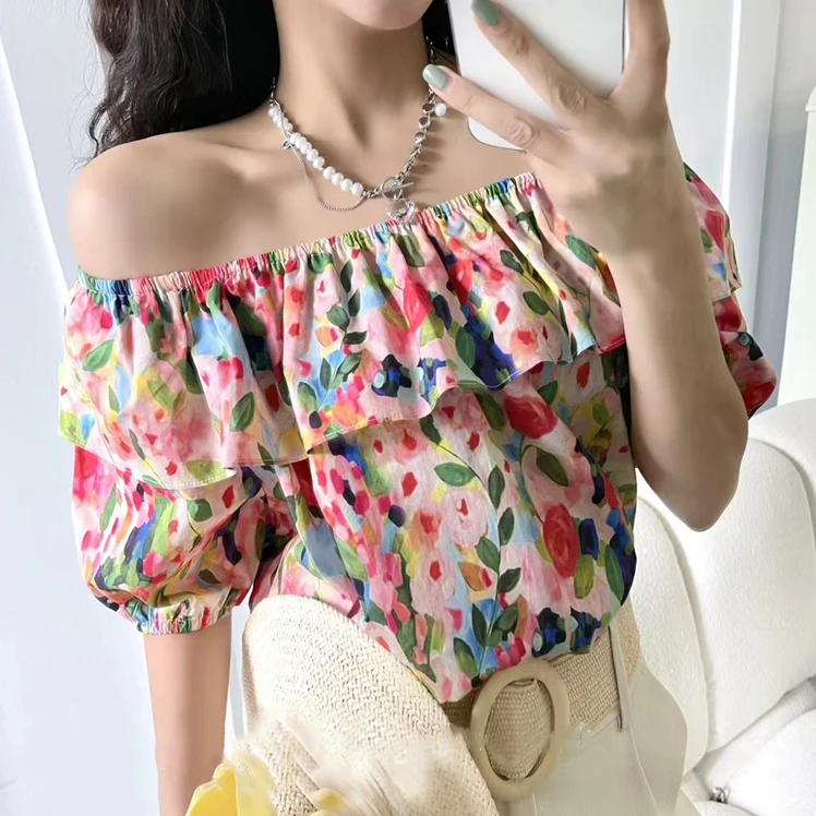 

Elegant Sweet Printed Tops Sexy Slash Neck Off Shoulder Puff Mid Sleeve T-shirts Summer Women Bohemian Party Holiday Beach Shirt