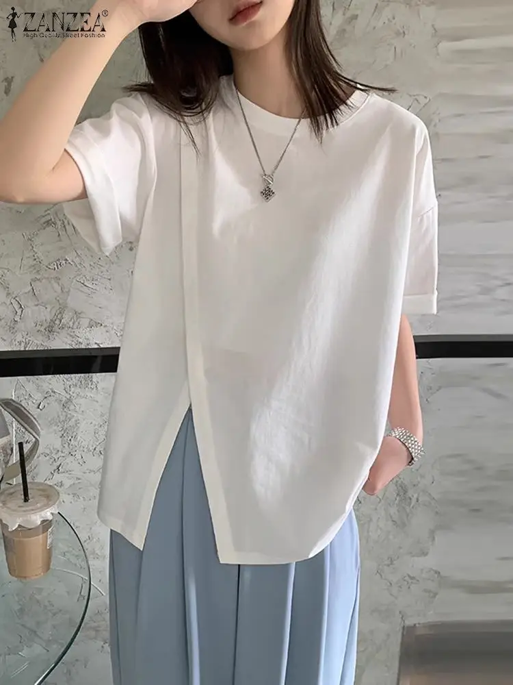 ZANZEA Women Asymmetrical Tops 2024 Summer Short Sleeve Round Neck Tees Casual Loose Solid T Shirt Holiday Korean Patchwork Tops