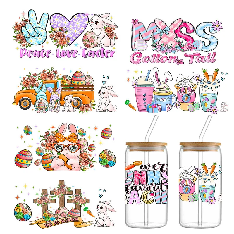 

Easter-themed water cups with stereo stickers for glasses, crystal labels, 16oz cups and stickers in stock.