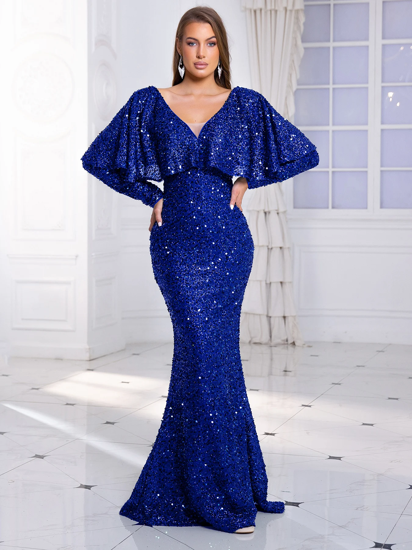 Long Batwing Sleeve Stretch Sequined Prom Dress V Neck Backless Floor Length Evening Night Party Gown Blue Green