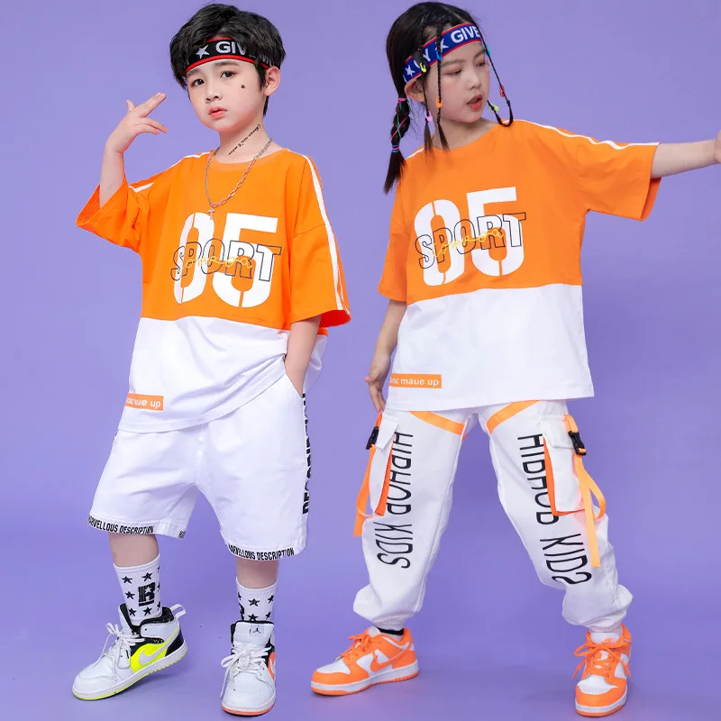 Boys Hip Hop Contrast T-shirt Cargo Pants Girls Street Dance Shorts Children Loose Streetwear Kids Jazz Costumes Clothes Sets