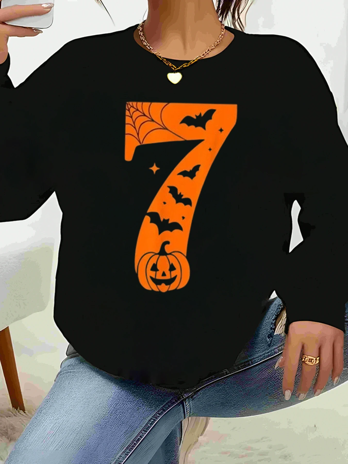 Halloween Nummer 7, Kürbis-Fledermaus-Druck, langärmeliges Sweatshirt für Damen, lässiges Herbst-Party-Outfit