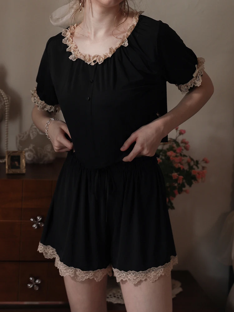 Verão gilrs duas peças pijamas de manga curta fina doce flor cintura elástica conjunto homewear solto macio ajustável o-pescoço com arco