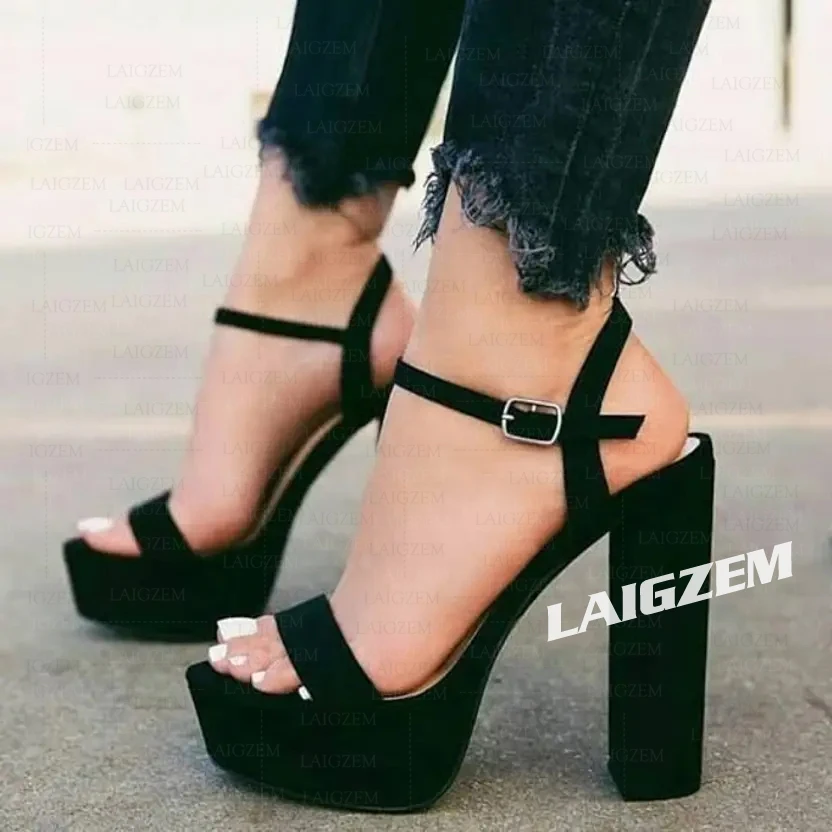 

LAIGZEM/женские сандалии с ремешком на щиколотке, туфли-лодочки из искусственной замши на толстом каблуке, женские туфли для выпускного вечера, свадьбы, женские большие размеры 41 44 50 52