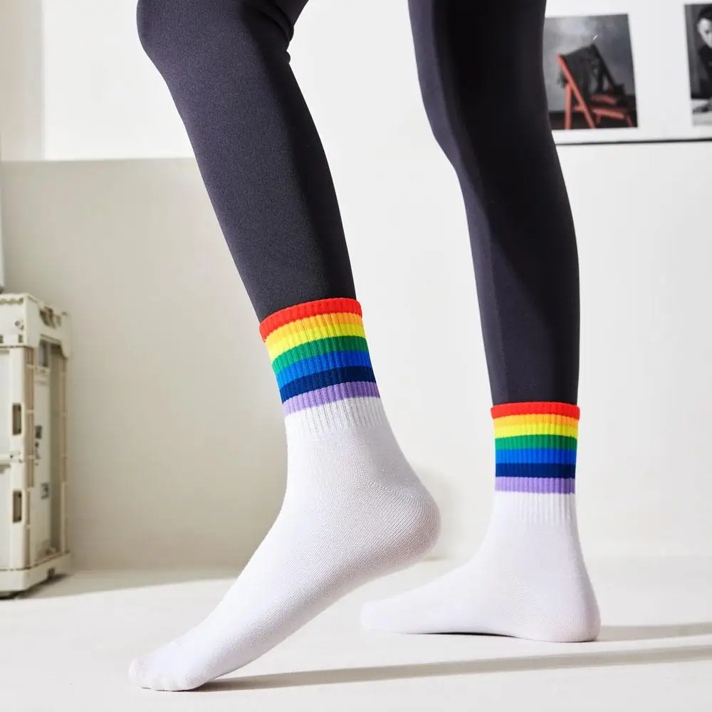 5 Pair Women Rainbow Socks Cotton Cute Striped White Socks Japanese Harajuku Funny Socks Kawaii