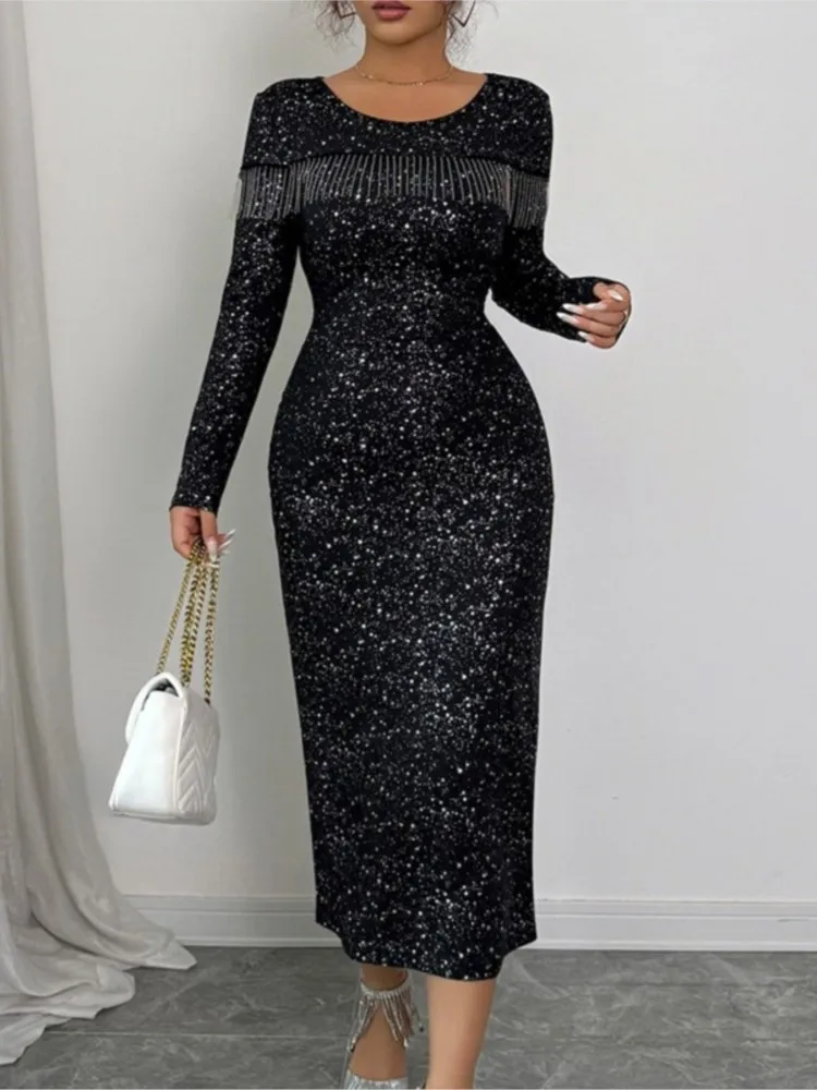 새로운 가을 겨울 우아한 스팽글 라운드넥 긴팔 슬림 여성 블랙 드레스, 파티 클럽 이브닝 여성 바디콘 미디 드레스