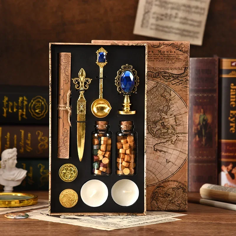 European map box fire paint seal set exquisite gift box gem seal handle European creative wax melting spoon