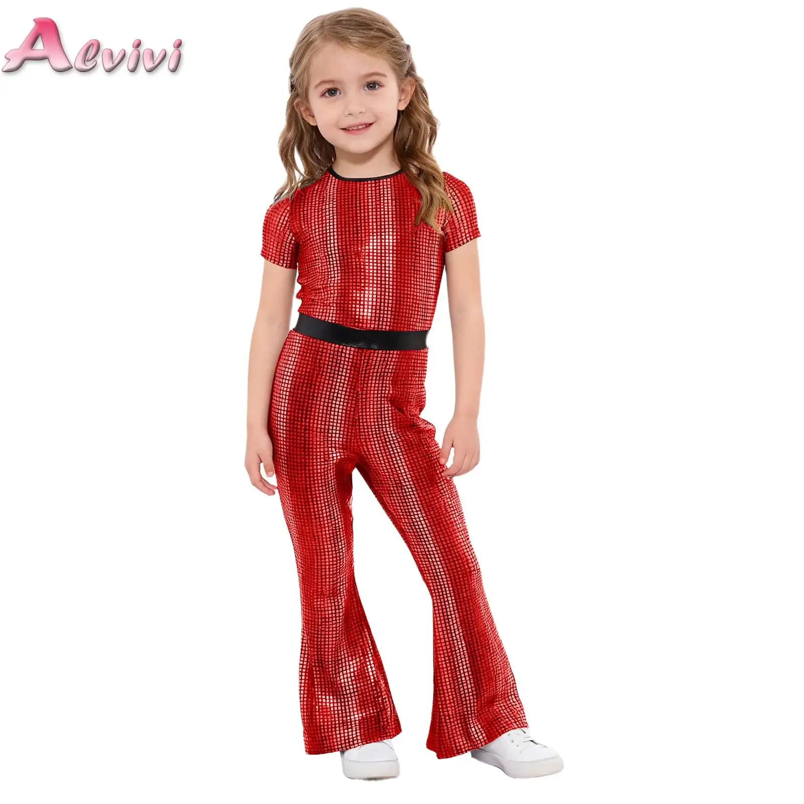 

Kids Girls Retro 1920s Disco Bell-Bottom Metallic Plaid Jumpsuit Short Sleeve Full Bodysuit Metallic Plaid Romper for Club Stage