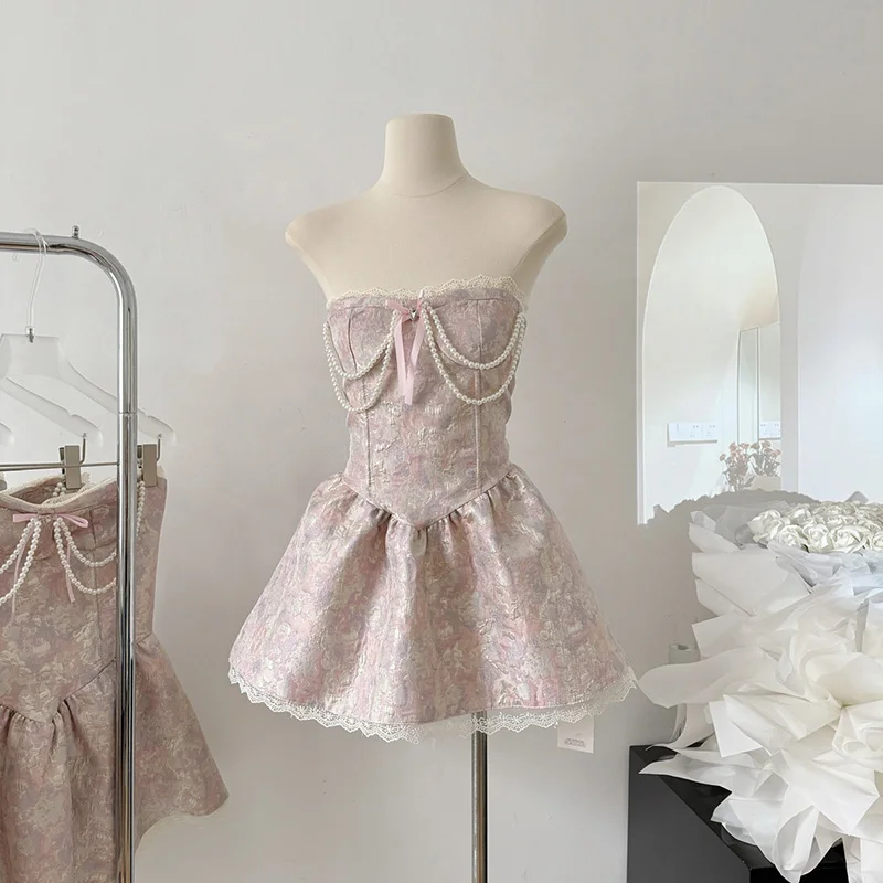Sweet Elegance Retro Jacquard Strapless Dress for Women Fashion Dresses Cute Pearl Pendant Slim Fit Patchwork Sexy Mini Dress