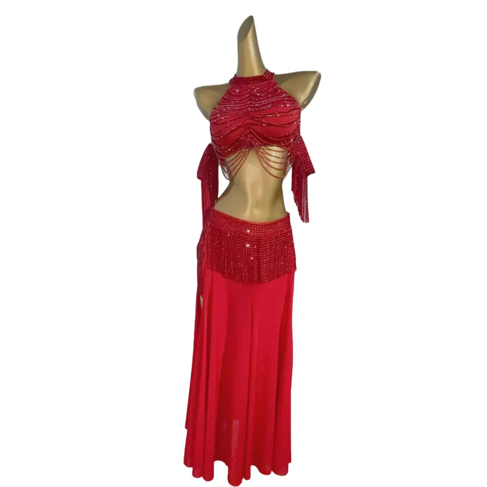 Buikdanskleding Strass Dames High-end Custom Red Crystal Bead Tube Amerikaanse Samba Prestatiejurk