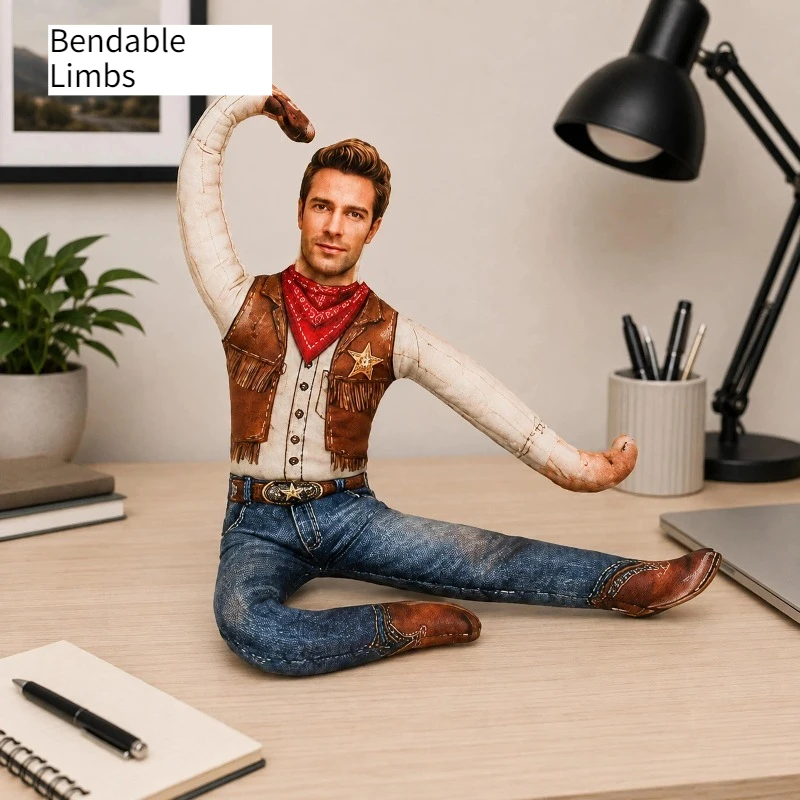 Bendable Limbs Custom Photo Doll Cowboy Mini Me Posable Figure Removable Washable Gift Desk Wall Decor,Personalized Funny Doll