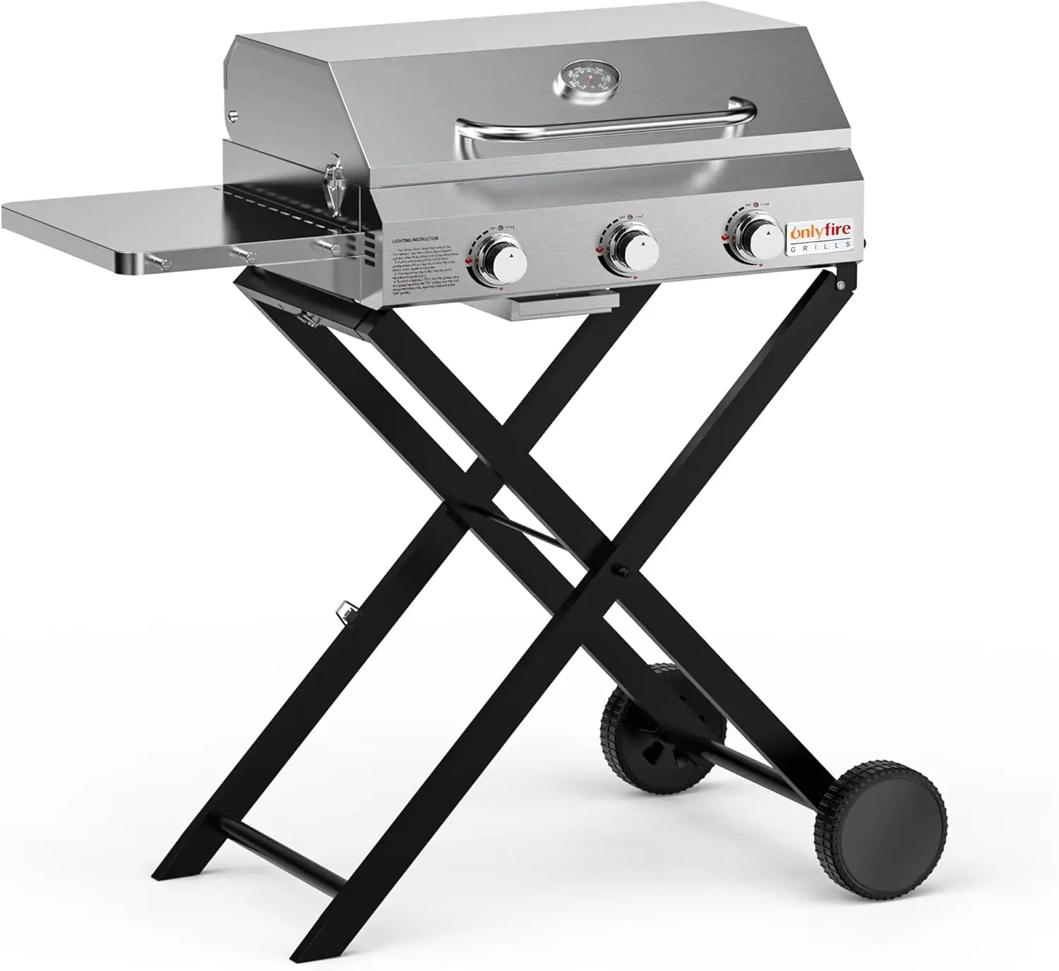 BBQ Gas 3-Burner with Foldable Cart & Side Table, Portable Propane Grill with Lid for Outdoor Patio Backyard Barb