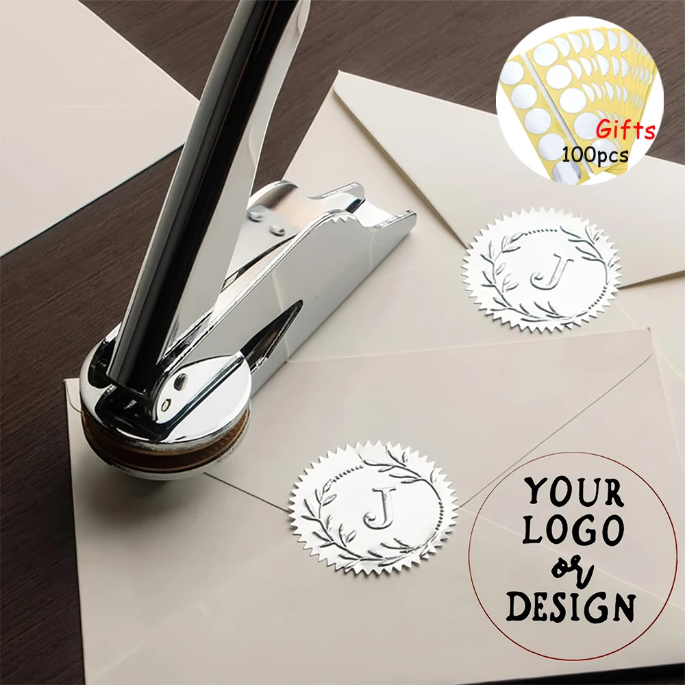 

Custom LOGO Embossed Stamp and 100pcs Sliver Stickers Personalized Customization Library Book Certificate Embossing Stamp Weddin