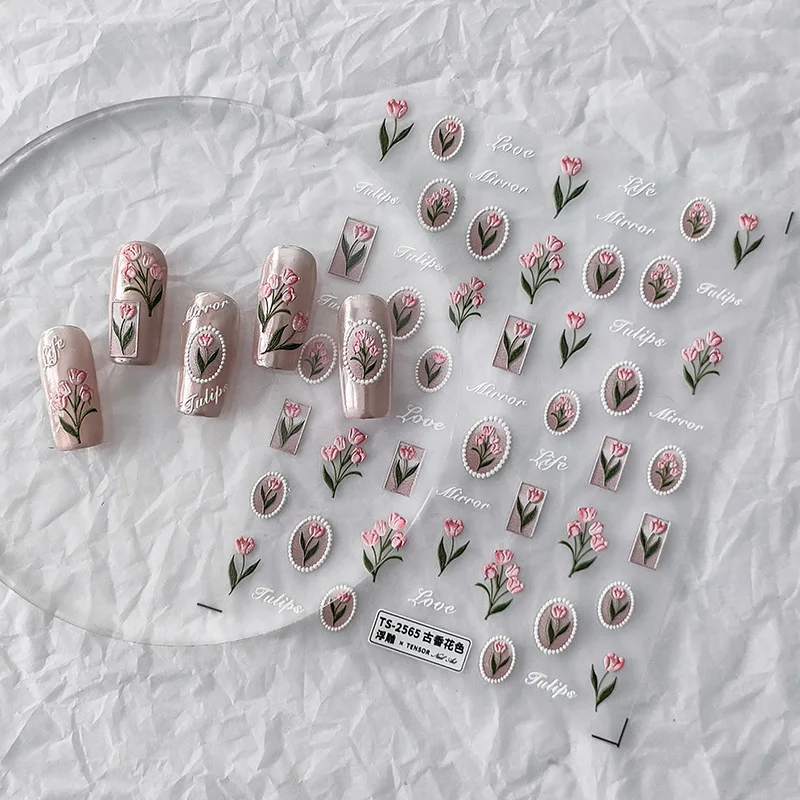 5D Pink Mirror Flower Tulip Nail Stickers Nail Art Decal Design Manicure Tool High Quality 1 Sheet