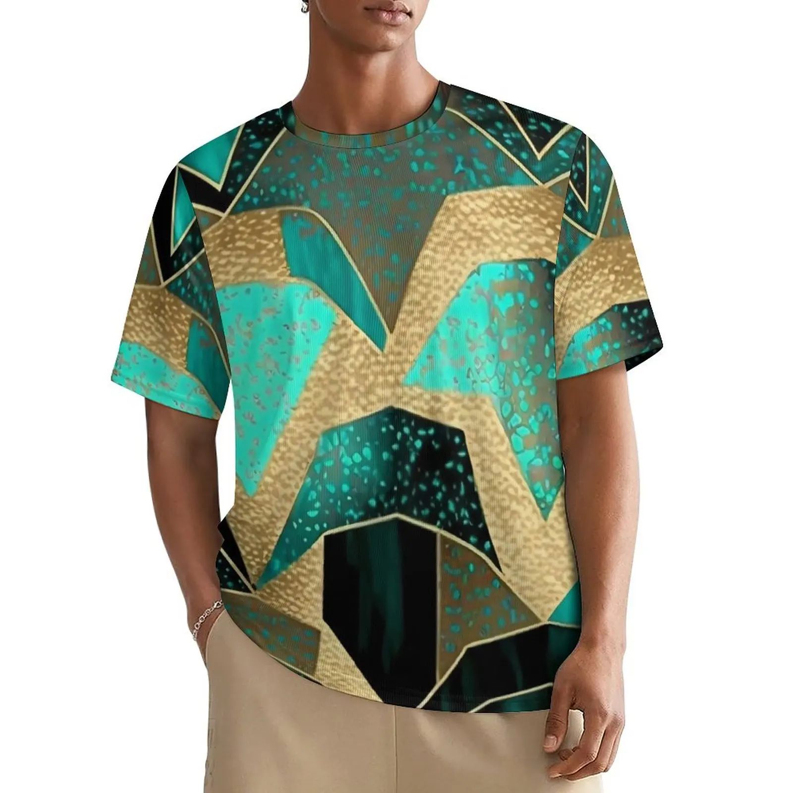 Summer T-Shirt Art Vintage Geometric T-Shirts Turquoise Scales Basic Retro Tee Shirt For Men Short Sleeve Design Oversized Tops