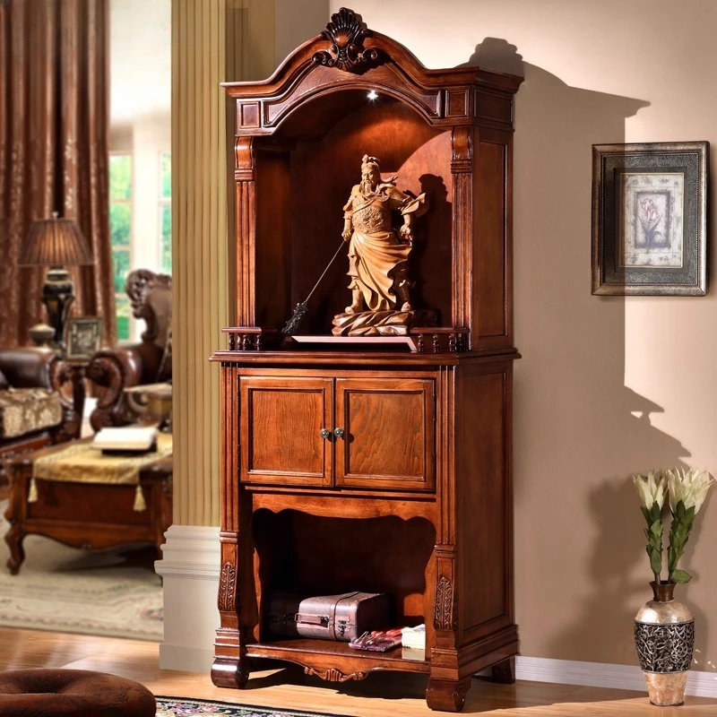 

American solid wood carving flower shrine shrine raised vertical cabinet God of Wealth Bodhisattva display cabinet household