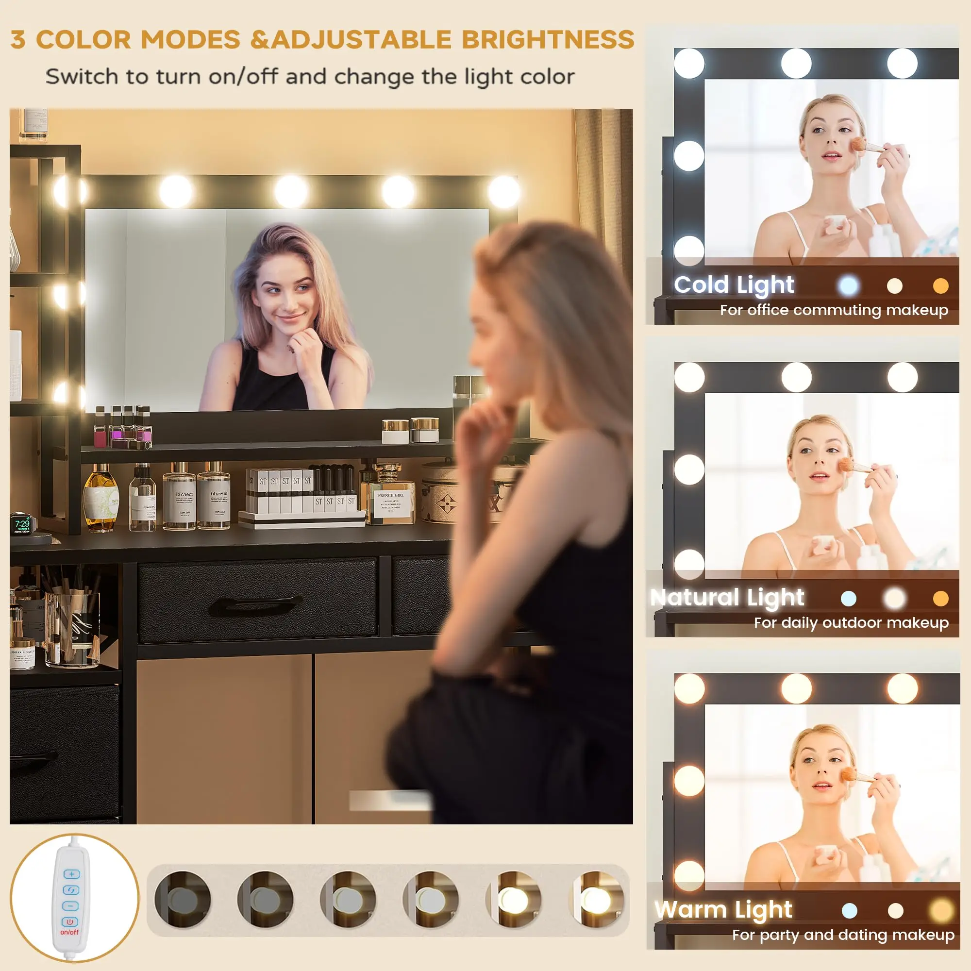 Vanity Desk with Mirror, 9 Lights, 3 Color Modes with Adjustable Brightness, 5 Spacious Fabric Drawers & Storage