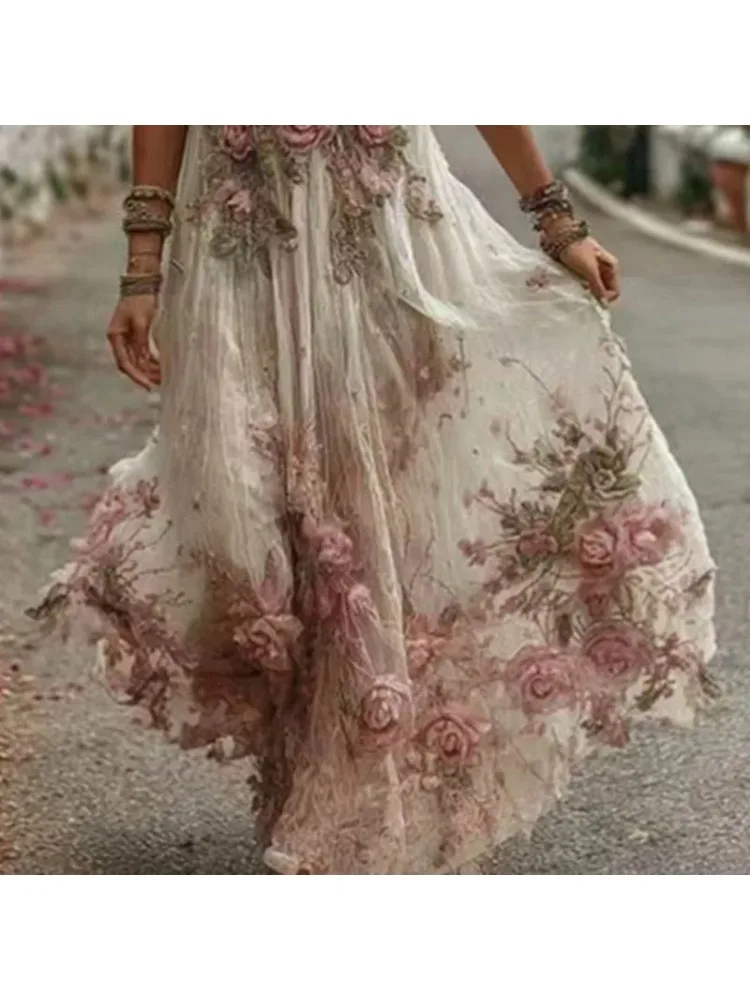 Vintage 3D bloemenprint swing etnische kleding vrouw sexy diepe v-hals holle lange jurk zomer korte mouw geplooide vakantiejurk - afbeelding 2