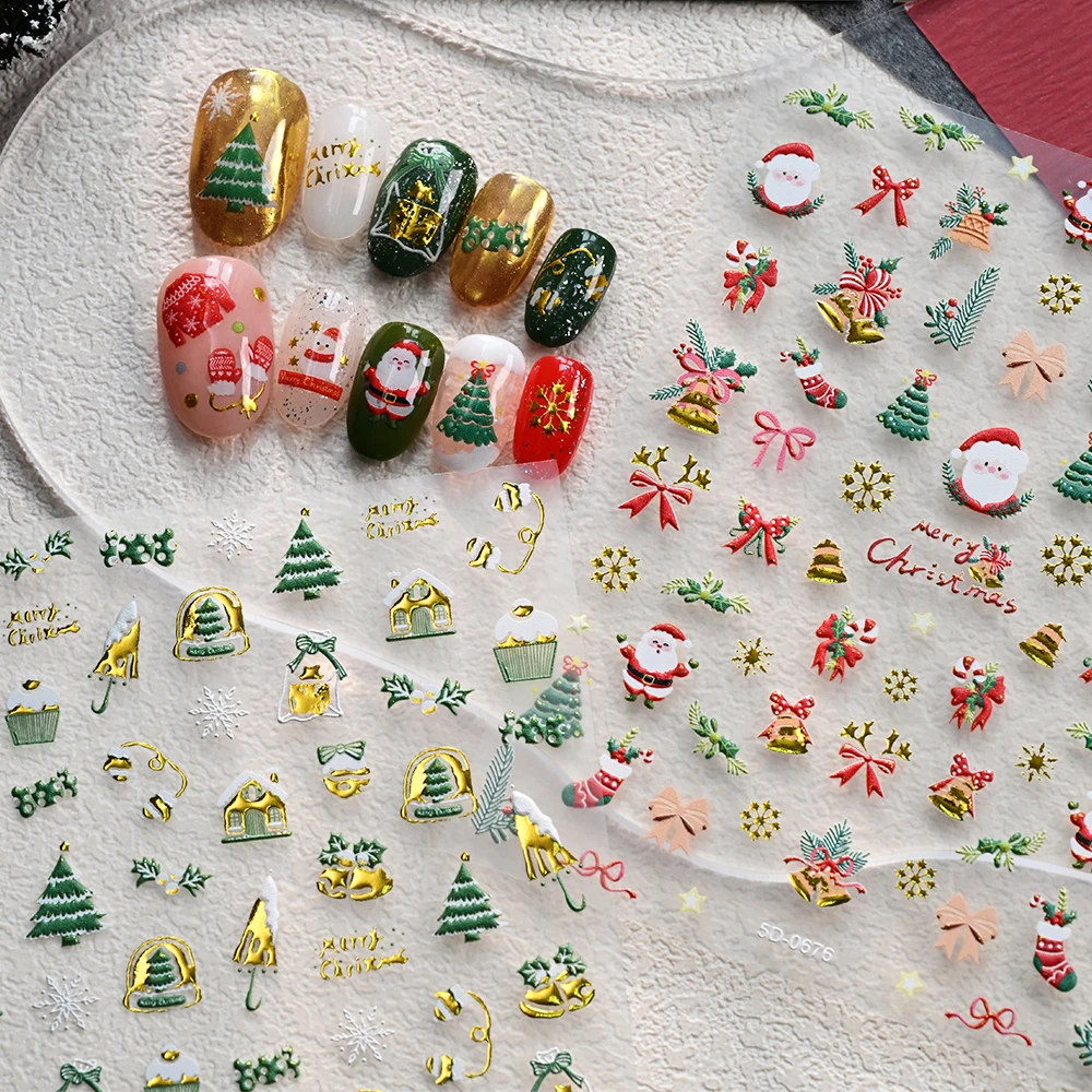 1 unidad de pegatinas 5D para uñas de dibujos animados de muñeco de nieve y Papá Noel, árbol de Navidad de invierno, calcomanías para decoración de uñas con copos de nieve, deslizadores de oso de jengibre para hombre