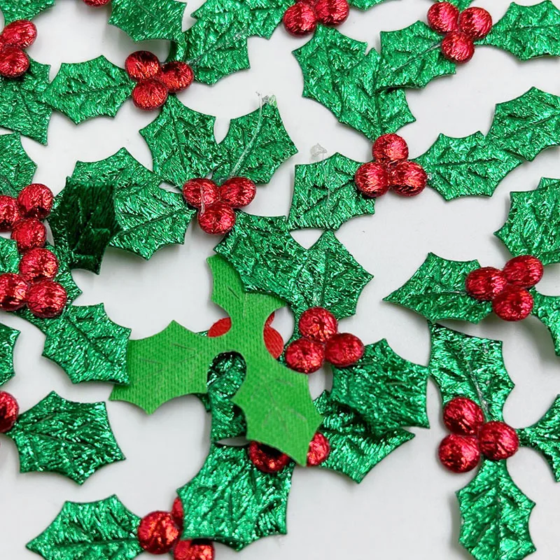 30pcs Glitter Green Holly Leaf and Red Berry Cloth Applique for Christmas Decoration, Table Decoration, A399