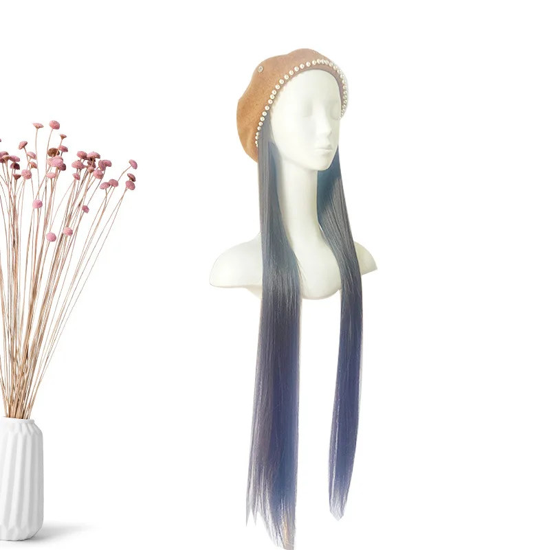 Parrucca Parrucca riccia di lana con cappello a bocciolo di fiore alla moda Stesso stile come quella delle celebrità di Internet Parrucca con cappello staccabile