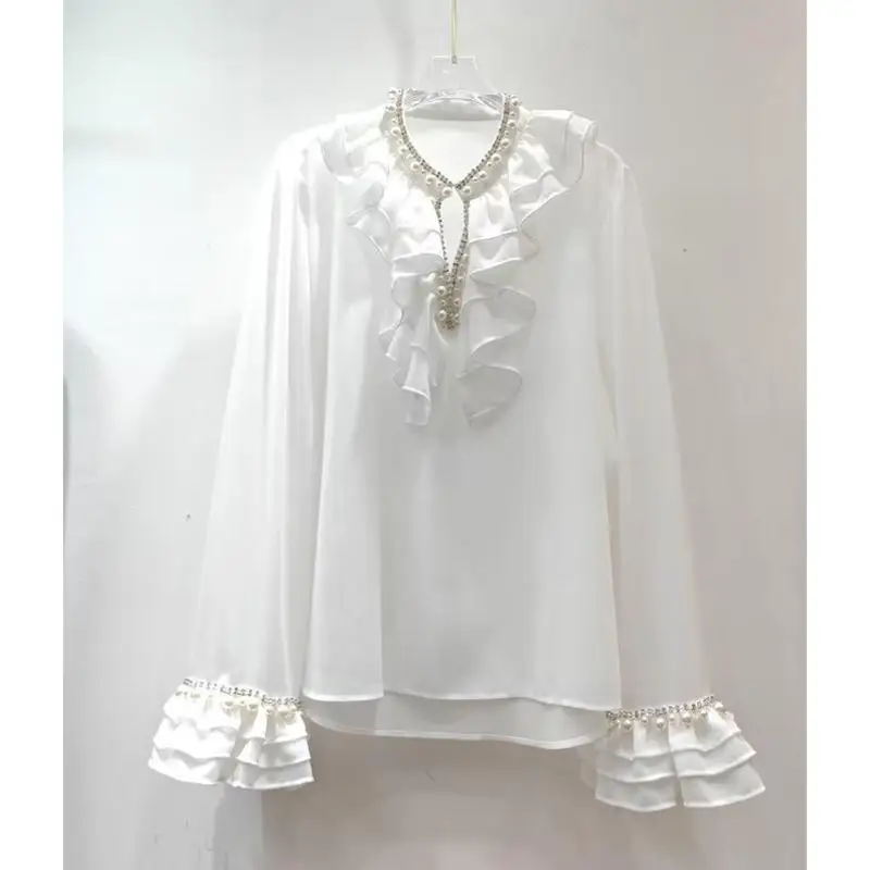 Neploe Loose French Style Commuter Diamonds Heavy Shirt Beading Ruffles Advanced New Blouses Korea Minority Age Reduction Tops