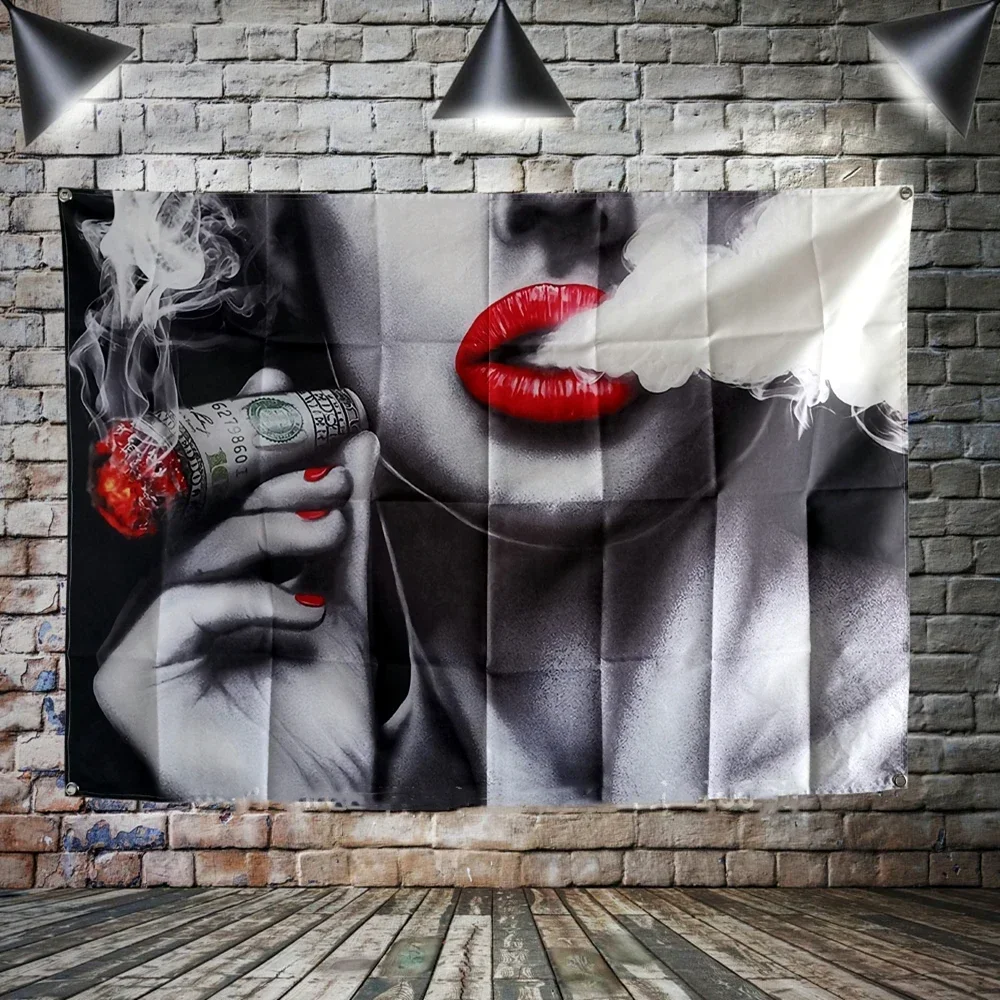Red Mouth Smoking Wall Decor Banner Hanging Flag Canvas Painting Tattoo Art Posters & Prints Wall Sticker Tapestry Indoor Decor