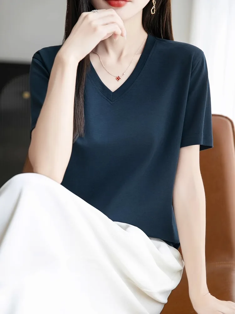 

Pure Cotton V-Ne Knitted ort Sve T-irt Women's Summer Breathable Loose Slimming Anti-Aging oulder T-irt Base i...