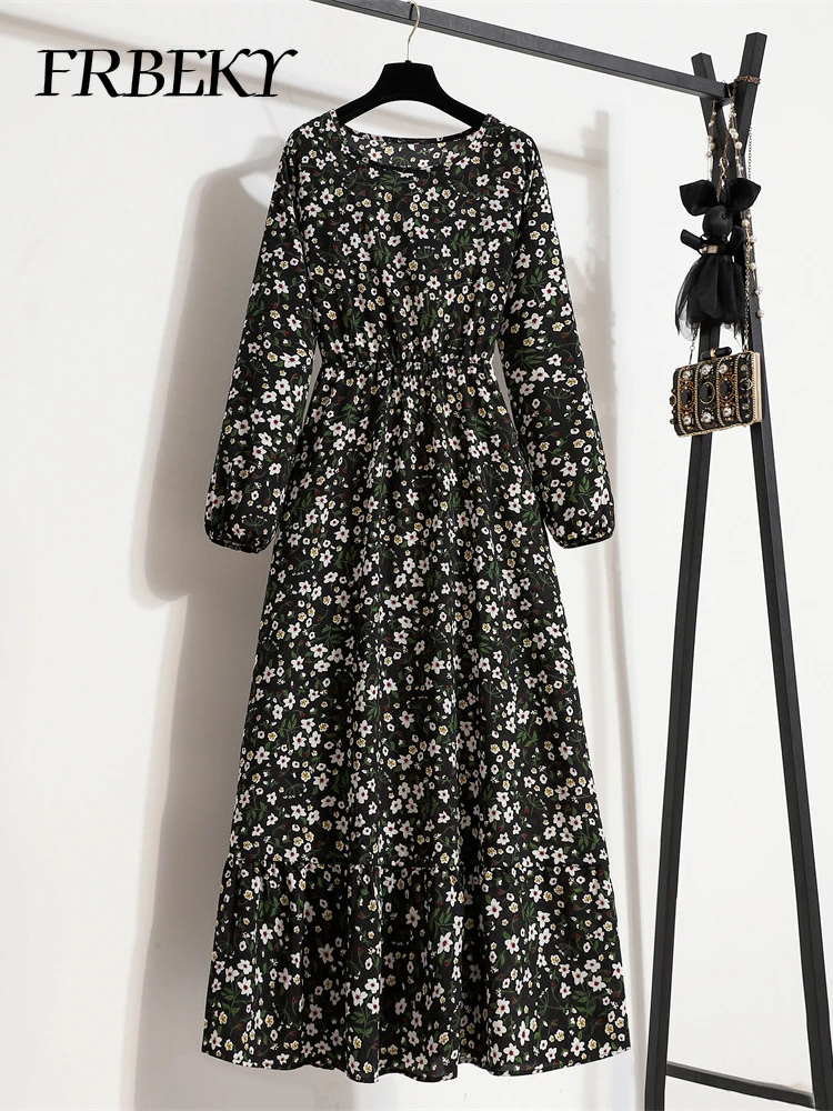 Nowe sukienki wiosna lato okrągły dekolt sukienka kwiatowa elegancki nadruk wysoki stan sukienki plażowe z długim rękawem Vestdos Streetwear