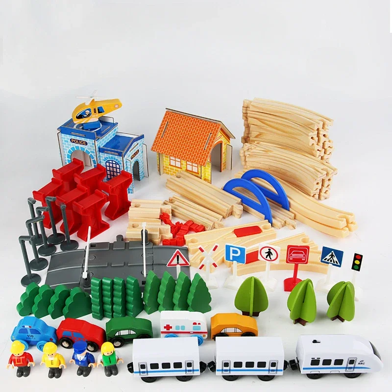 96 قطعة لغز مونتيسوري خشبية لعب الأطفال السكك الحديدية اللبنات مجموعة ديوراما اكسسوارات منشئ مجلس ألعاب الصبي هدية