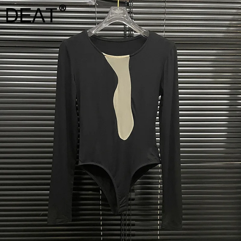 DEAT 2024 Autumn New Women's Fashion Round Neck Long Sleeve Contrast Color Patchwork Mesh T-shirts Versatile Bodysuits 11A06194