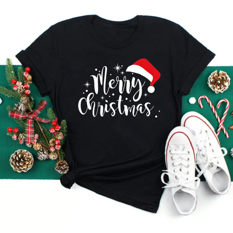 2024 Merry Chriatmas Woman Clothing Kawaii Christmas hat Antlers Print Short Sleeve Black Woman T-shirts Female Christmas Tee