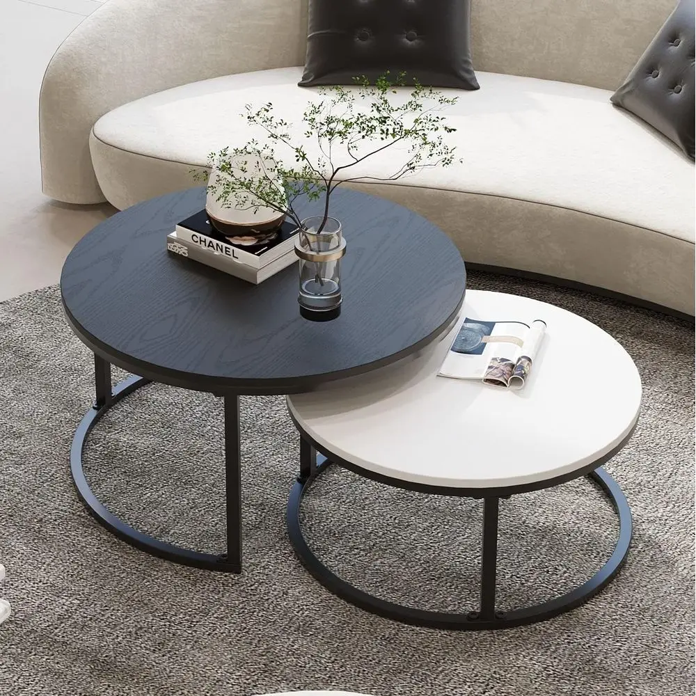 

Modern Round Coffee Table Set of 2, Large: 34, Small: 26, Sleek Metal Side and End Table for Living Room, Black & White.